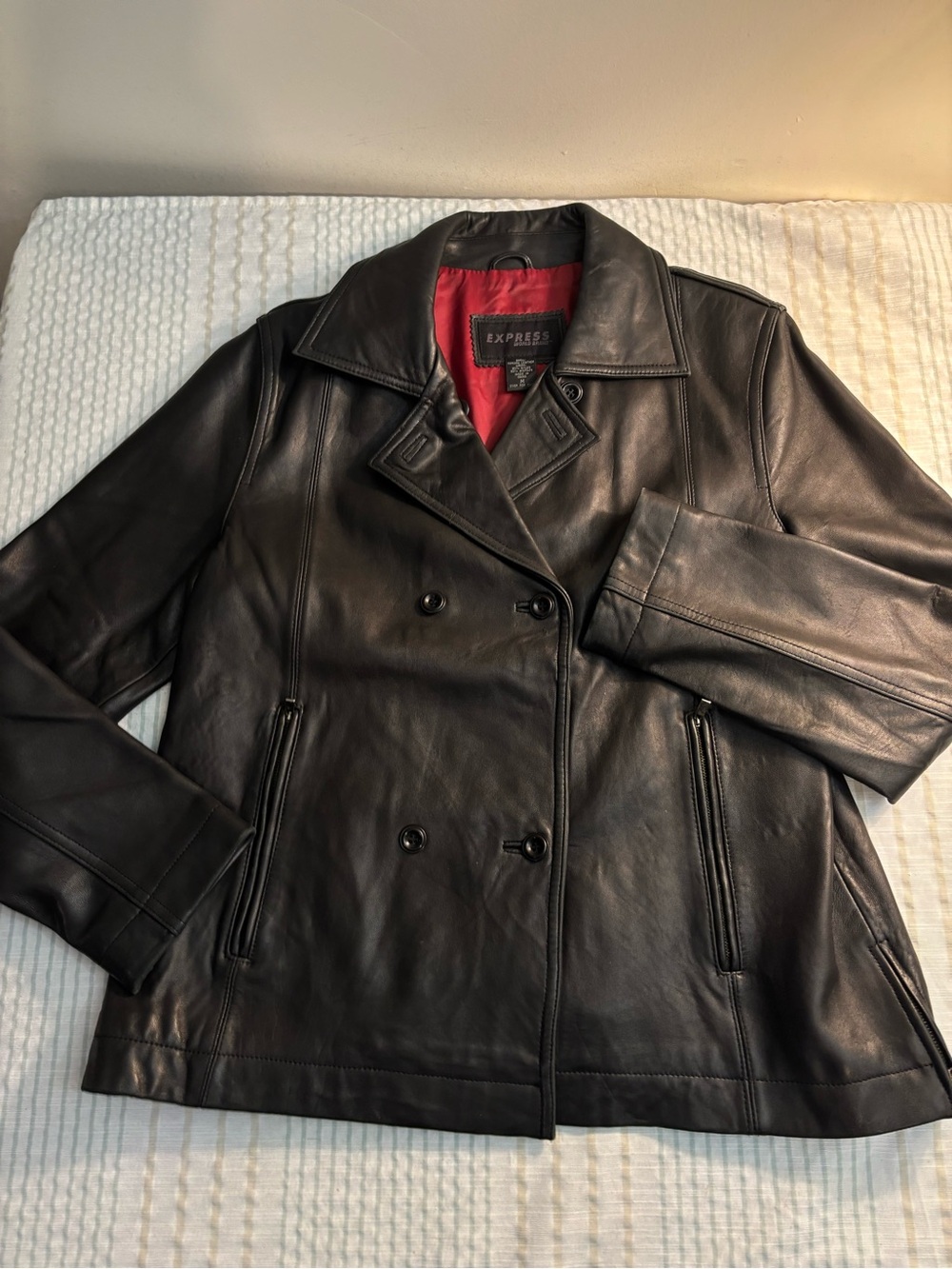 Express Black Leather Double-Breasted Jacket with Red Lining